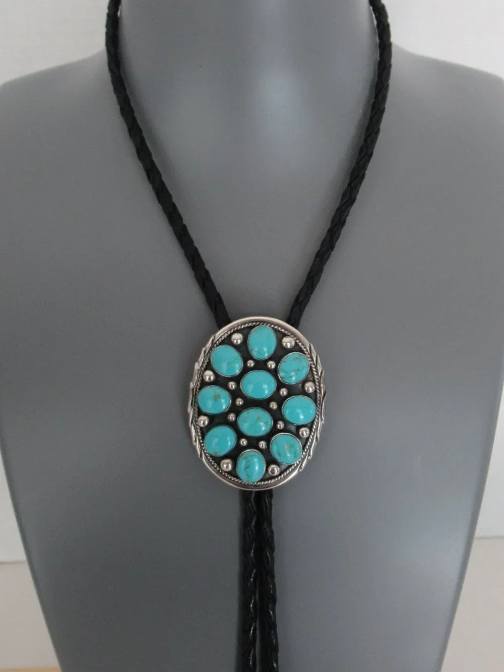 Mary Jane Garcia Navajo Sterling Silver Bolo Tie w Multiple Turquoise Stones